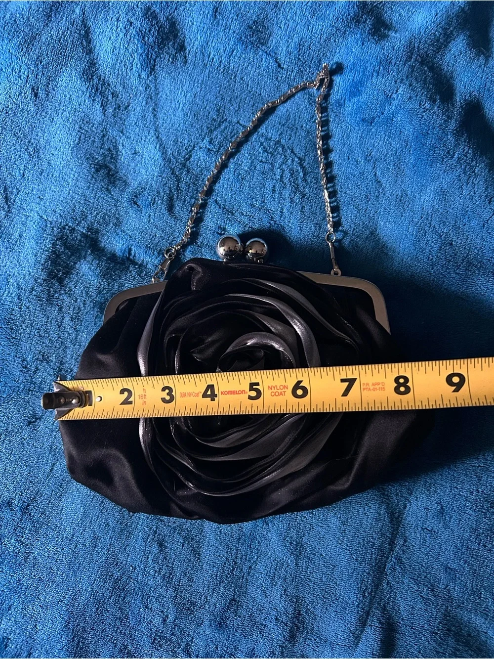 Black Satin Rose Applique Evening Clutch with Chain